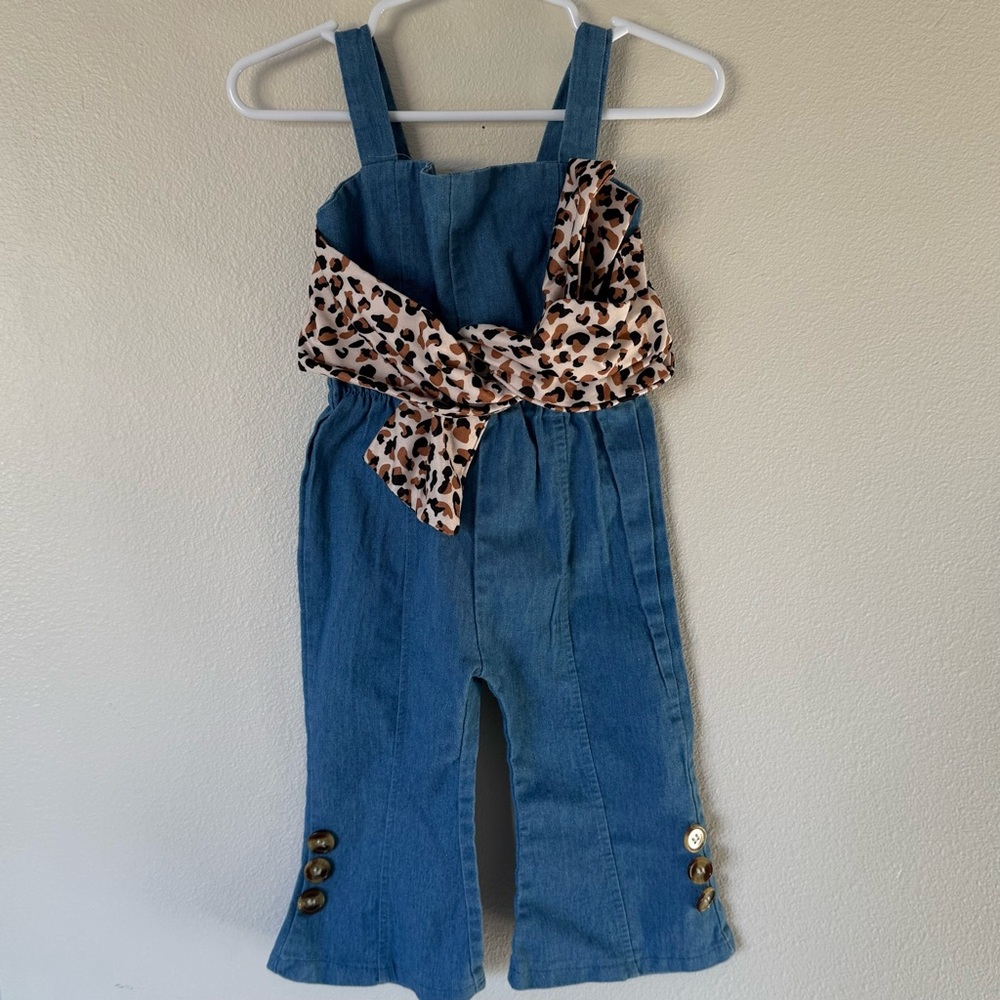 Stylish Blue Denim Girls Jumpsuit with Leopard Print Accent